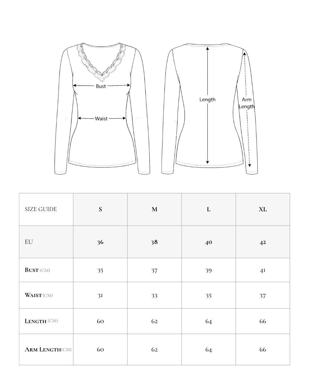 Size chart in centimeters