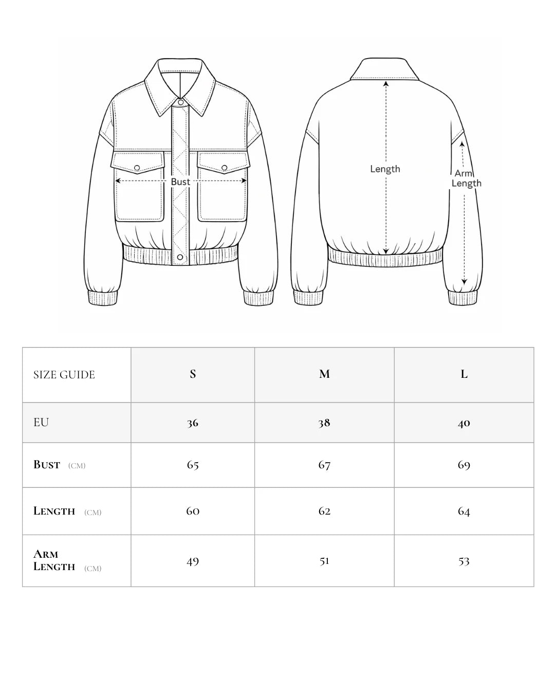 Size chart in centimeters